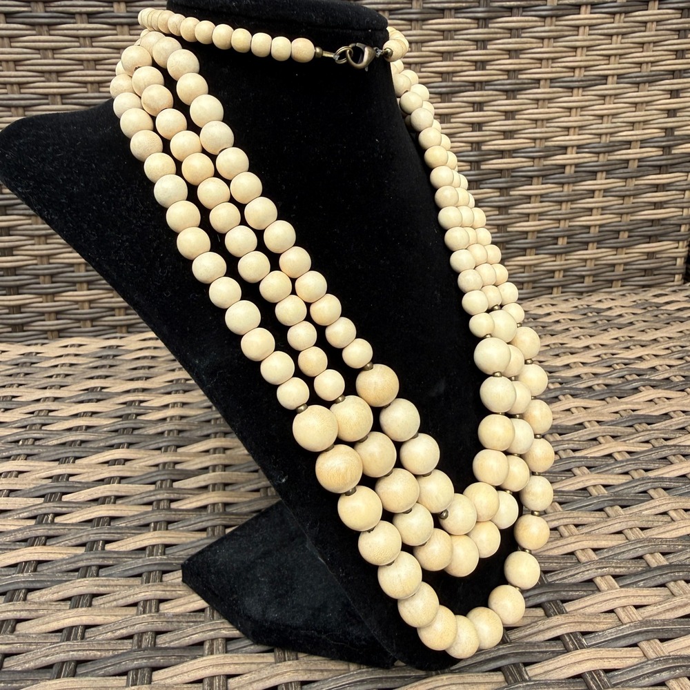 Wood Bead Multi Strand Necklace Tiered Layered Statement Boho Natural Neutral - Picture 2 of 7